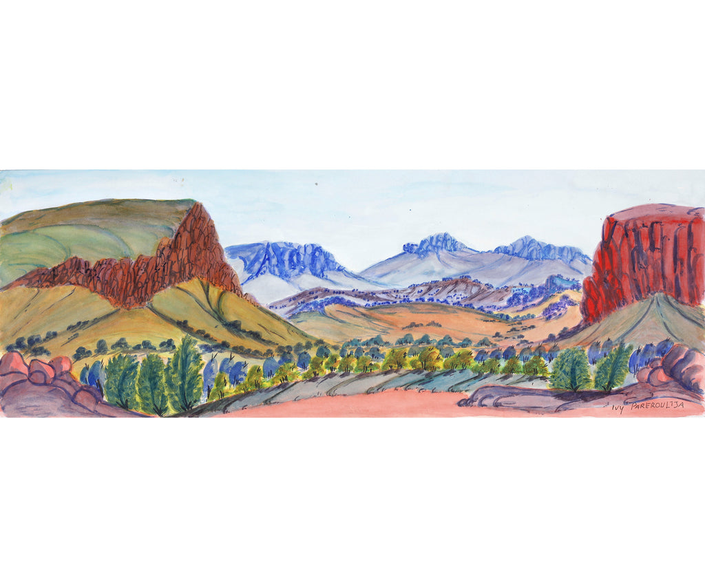 Aboriginal Art by Ivy Pareroultja, The other side of Glen Helen Gorge, 74x26.5cm - ART ARK®