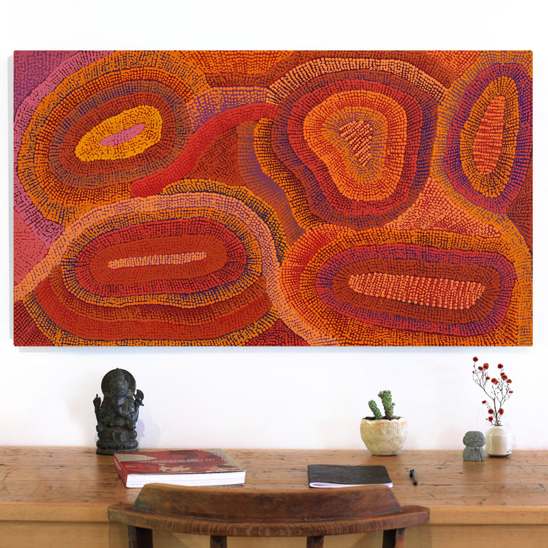 Aboriginal Artwork by Agnes Nampijinpa Brown, Ngapa Jukurrpa (Water Dreaming) - Mikanji, 107x61cm