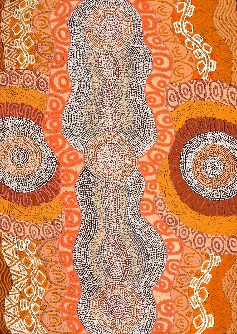 Aboriginal Artwork by Agnes Nampijinpa Brown, Ngapa Jukurrpa (Water Dreaming) - Mikanji, 107x76cm