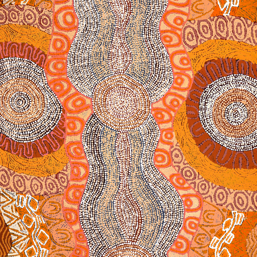 Aboriginal Artwork by Agnes Nampijinpa Brown, Ngapa Jukurrpa (Water Dreaming) - Mikanji, 107x76cm