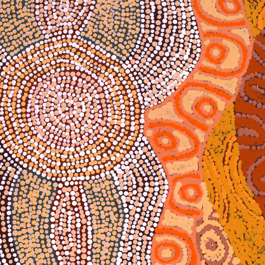 Aboriginal Artwork by Agnes Nampijinpa Brown, Ngapa Jukurrpa (Water Dreaming) - Mikanji, 107x76cm