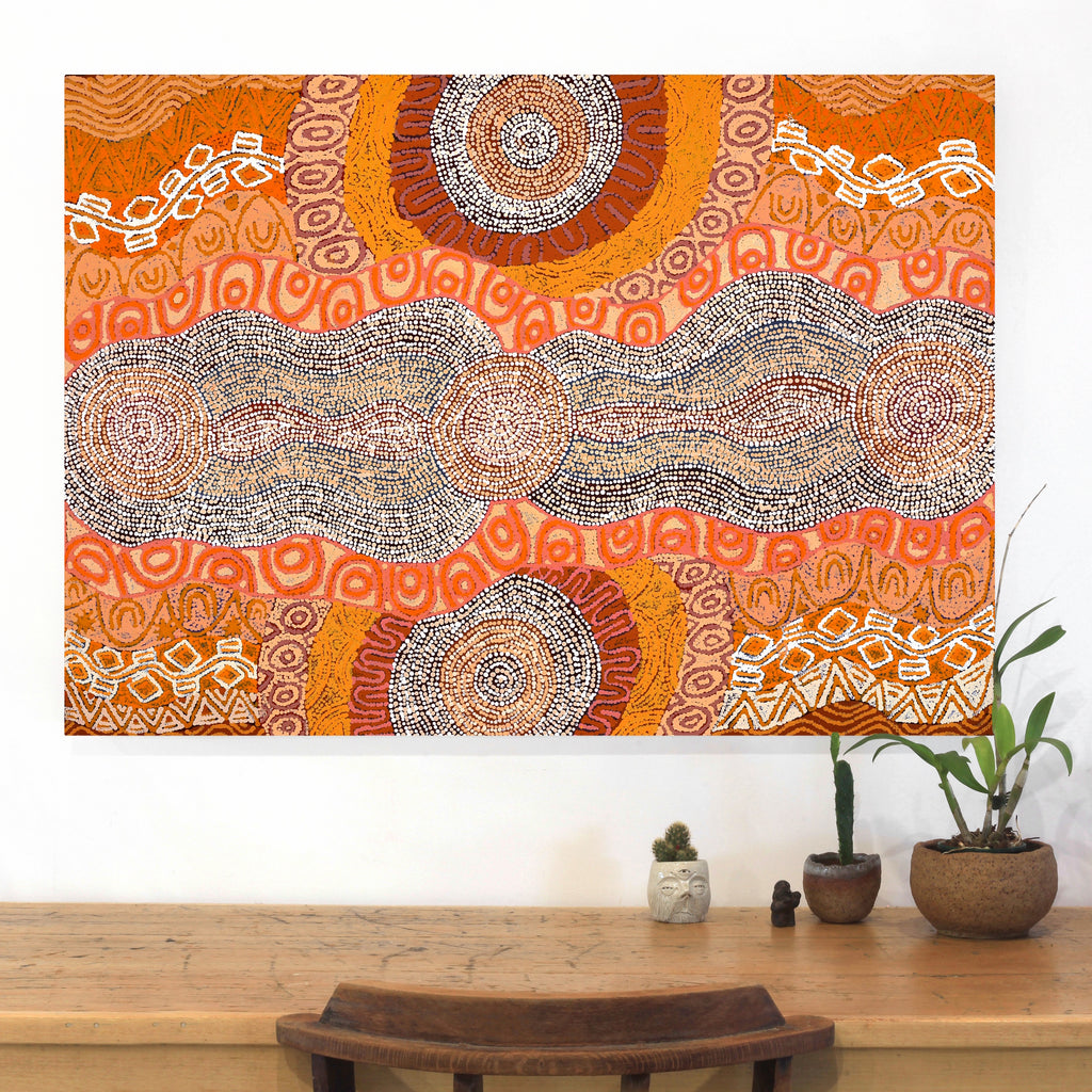 Aboriginal Artwork by Agnes Nampijinpa Brown, Ngapa Jukurrpa (Water Dreaming) - Mikanji, 107x76cm