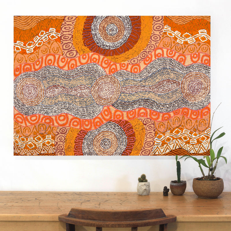 Aboriginal Artwork by Agnes Nampijinpa Brown, Ngapa Jukurrpa (Water Dreaming) - Mikanji, 107x76cm