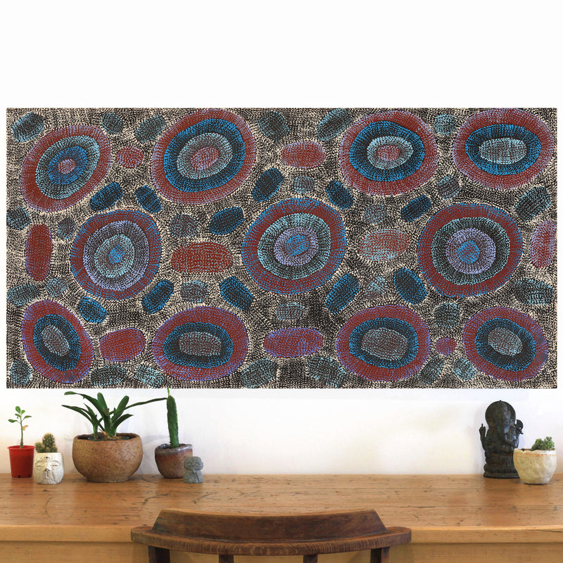 Aboriginal Artwork by Agnes Nampijinpa Brown, Ngapa Jukurrpa (Water Dreaming) - Mikanji, 122x61cm