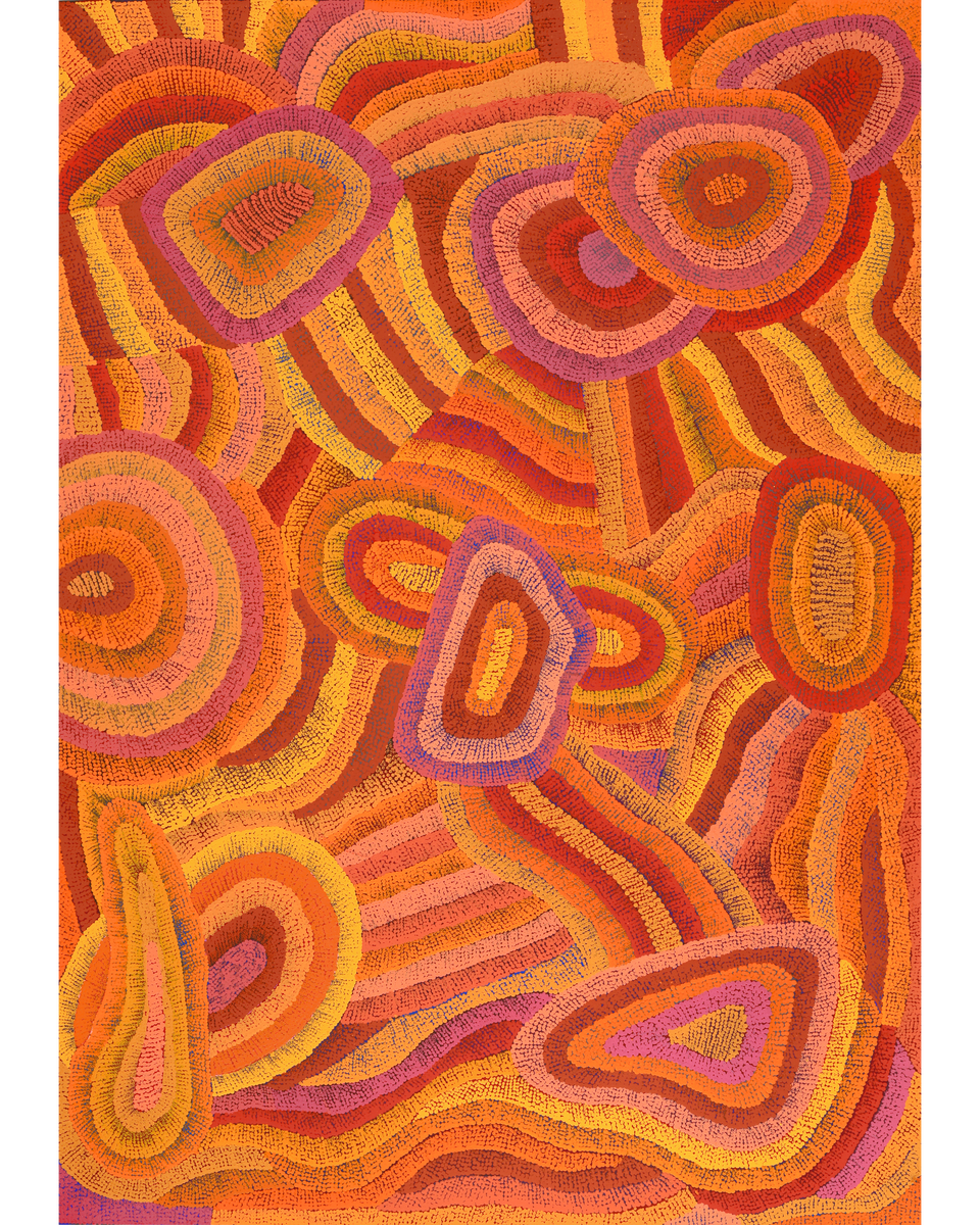 Aboriginal Artwork by Agnes Nampijinpa Brown, Ngapa Jukurrpa (Water Dreaming) - Mikanji, 152x107cm