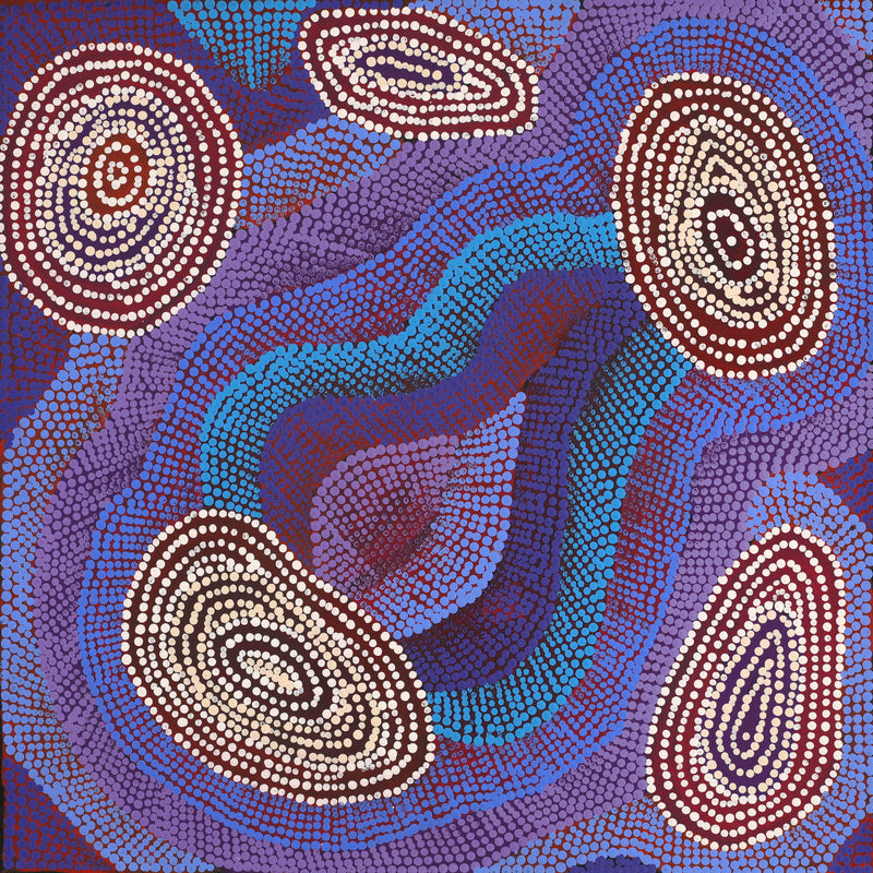 Aboriginal Artwork by Agnes Nampijinpa Brown, Ngapa Jukurrpa (Water Dreaming) - Mikanji, 46x46cm