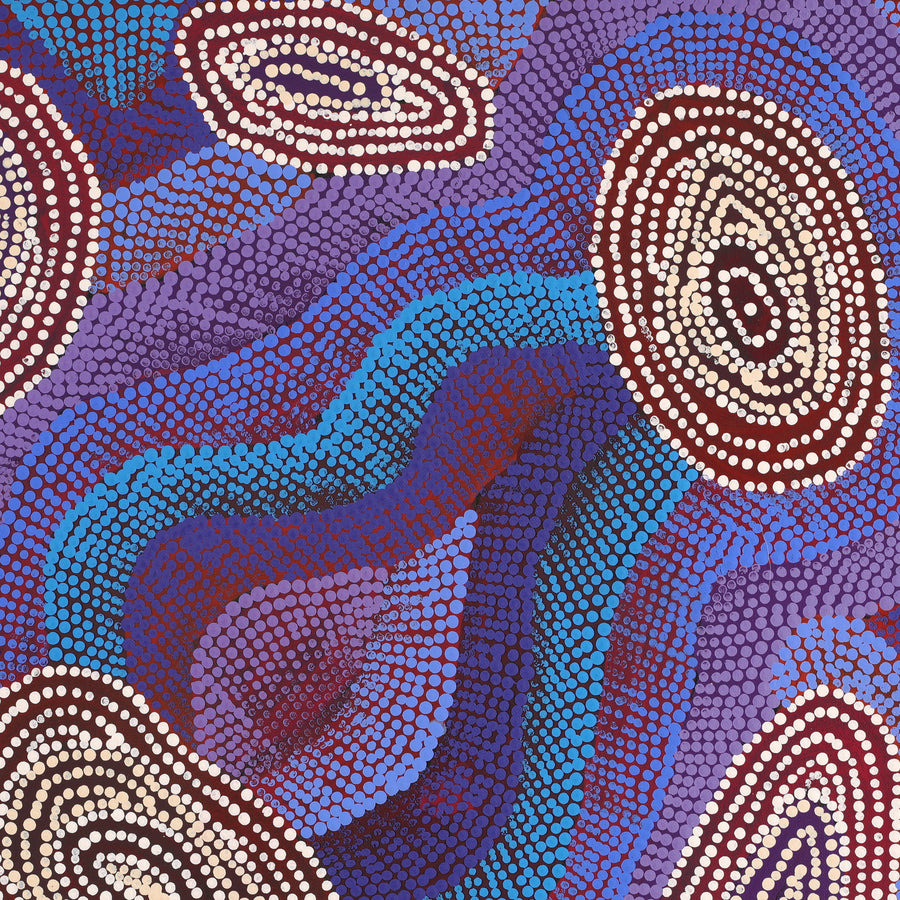 Aboriginal Artwork by Agnes Nampijinpa Brown, Ngapa Jukurrpa (Water Dreaming) - Mikanji, 46x46cm