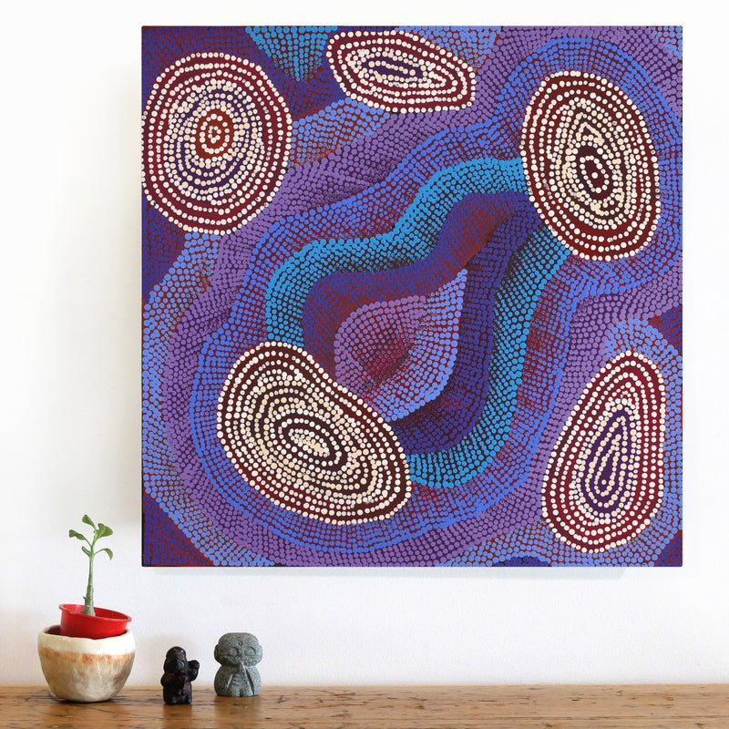 Aboriginal Artwork by Agnes Nampijinpa Brown, Ngapa Jukurrpa (Water Dreaming) - Mikanji, 46x46cm