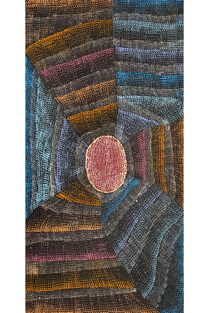 Aboriginal Artwork by Agnes Nampijinpa Brown, Ngapa Jukurrpa (Water Dreaming) - Mikanji, 91x46cm