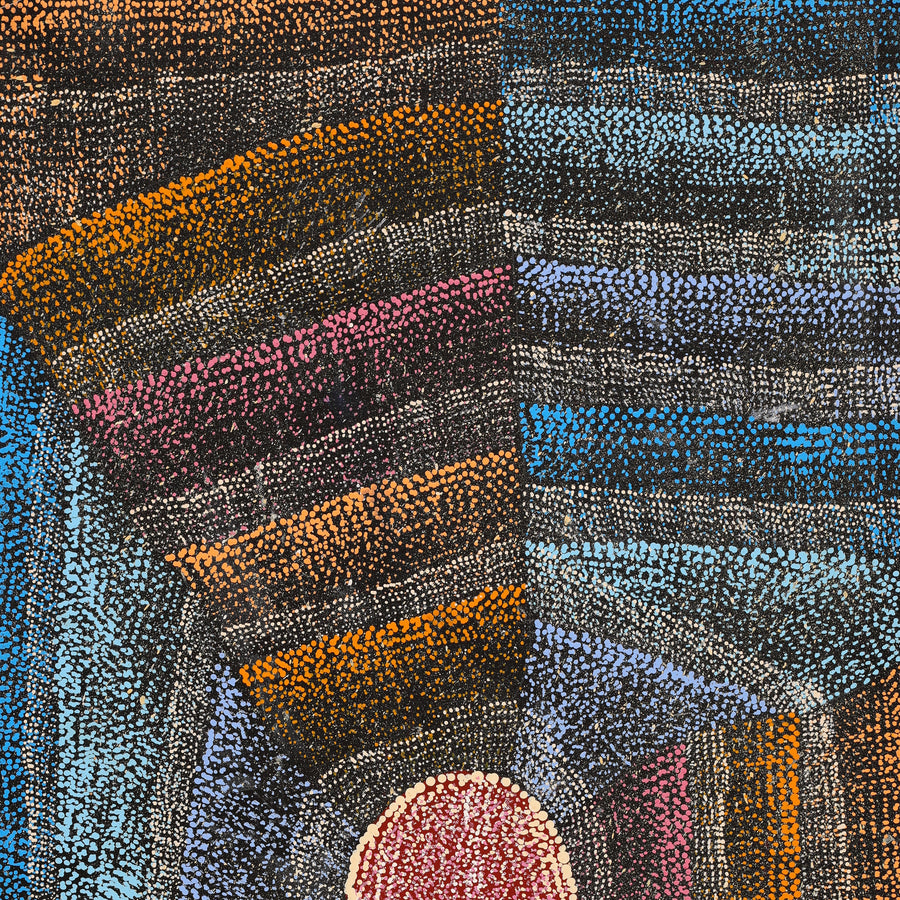 Aboriginal Artwork by Agnes Nampijinpa Brown, Ngapa Jukurrpa (Water Dreaming) - Mikanji, 91x46cm