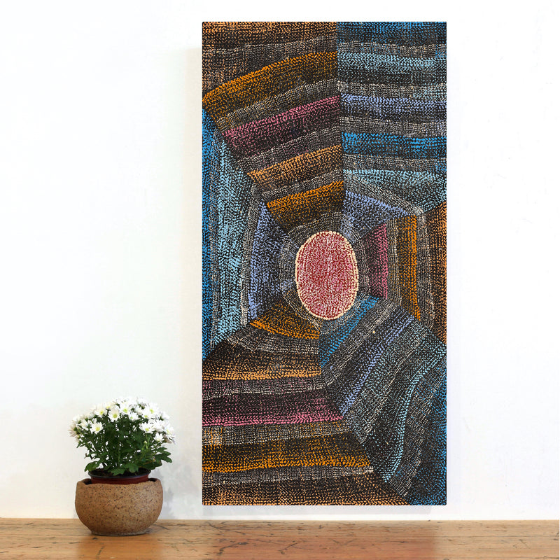 Aboriginal Artwork by Agnes Nampijinpa Brown, Ngapa Jukurrpa (Water Dreaming) - Mikanji, 91x46cm