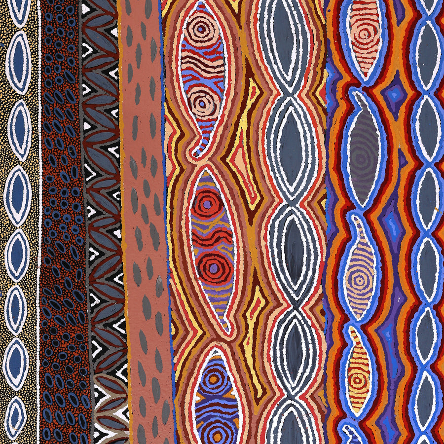 Aboriginal Artwork by Agnes Nampijinpa Fry, Ngapa Jukurrpa (Water Dreaming) - Puyurru, 152x76cm
