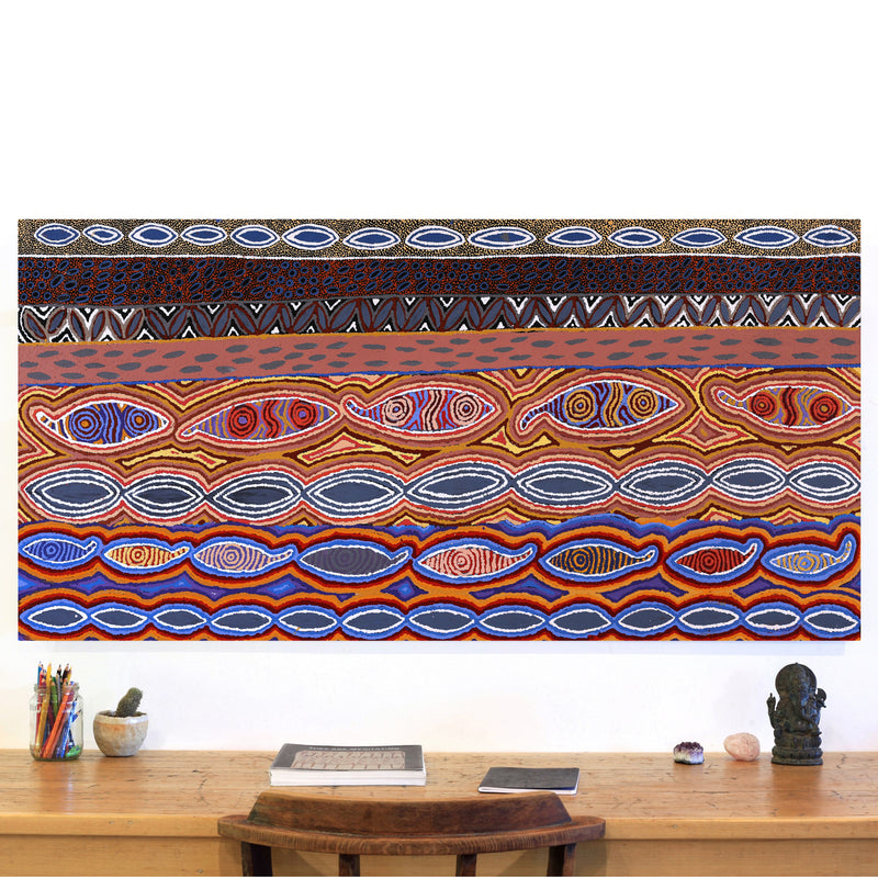 Aboriginal Artwork by Agnes Nampijinpa Fry, Ngapa Jukurrpa (Water Dreaming) - Puyurru, 152x76cm
