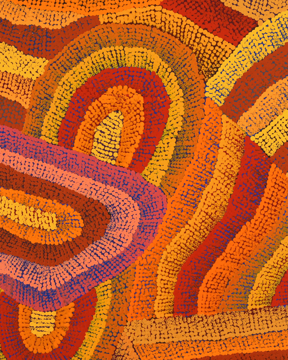 Aboriginal Artwork by Agnes Nampijinpa Brown, Ngapa Jukurrpa (Water Dreaming) - Mikanji, 152x107cm