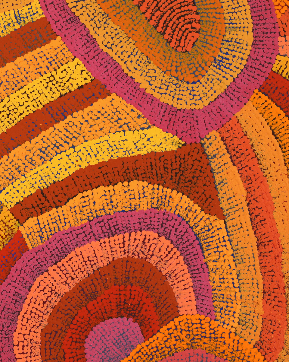 Aboriginal Artwork by Agnes Nampijinpa Brown, Ngapa Jukurrpa (Water Dreaming) - Mikanji, 152x107cm