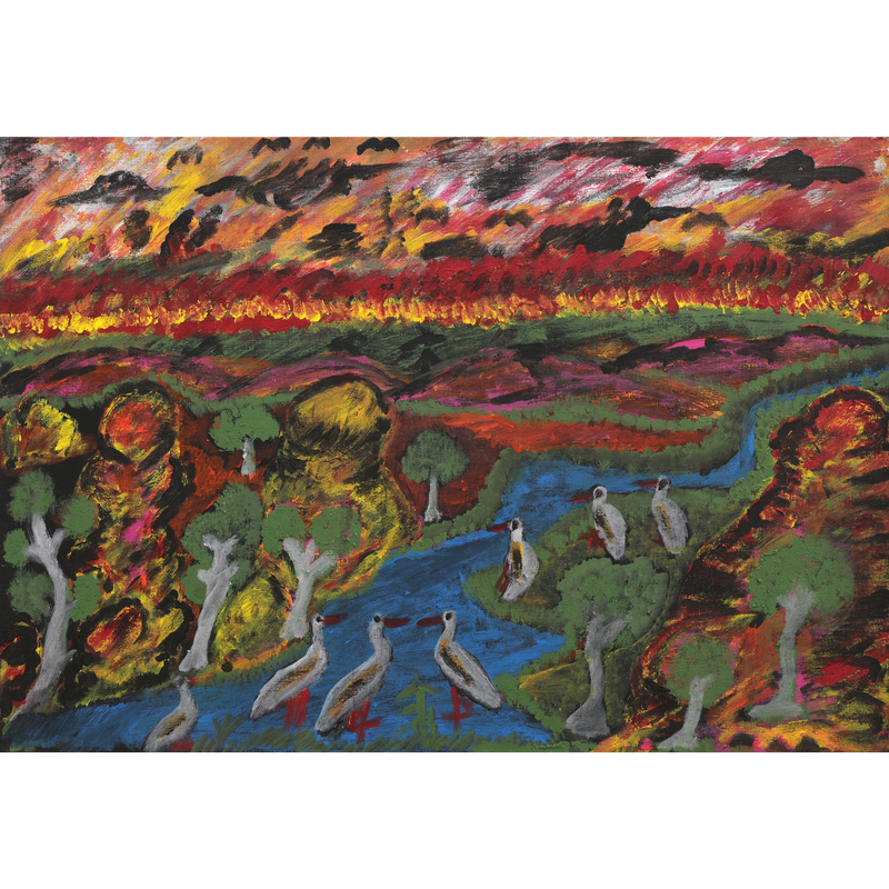 Aboriginal Artwork by Andrew Robertson, Birds Watching the Fires, 65x45cm