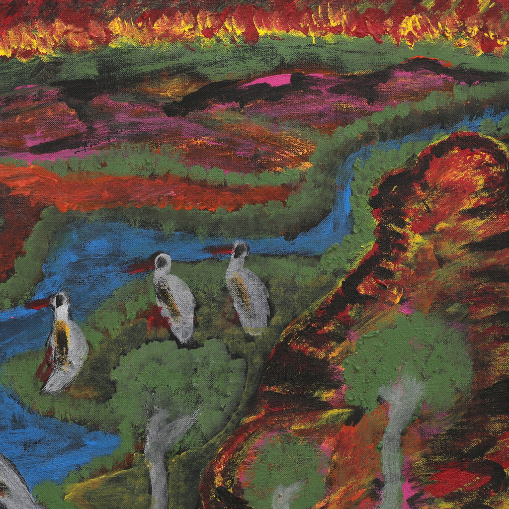 Aboriginal Artwork by Andrew Robertson, Birds Watching the Fires, 65x45cm
