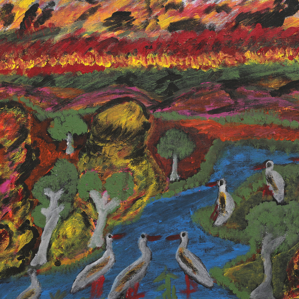 Aboriginal Artwork by Andrew Robertson, Birds Watching the Fires, 65x45cm