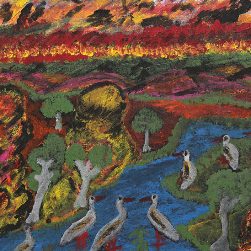 Aboriginal Artwork by Andrew Robertson, Birds Watching the Fires, 65x45cm