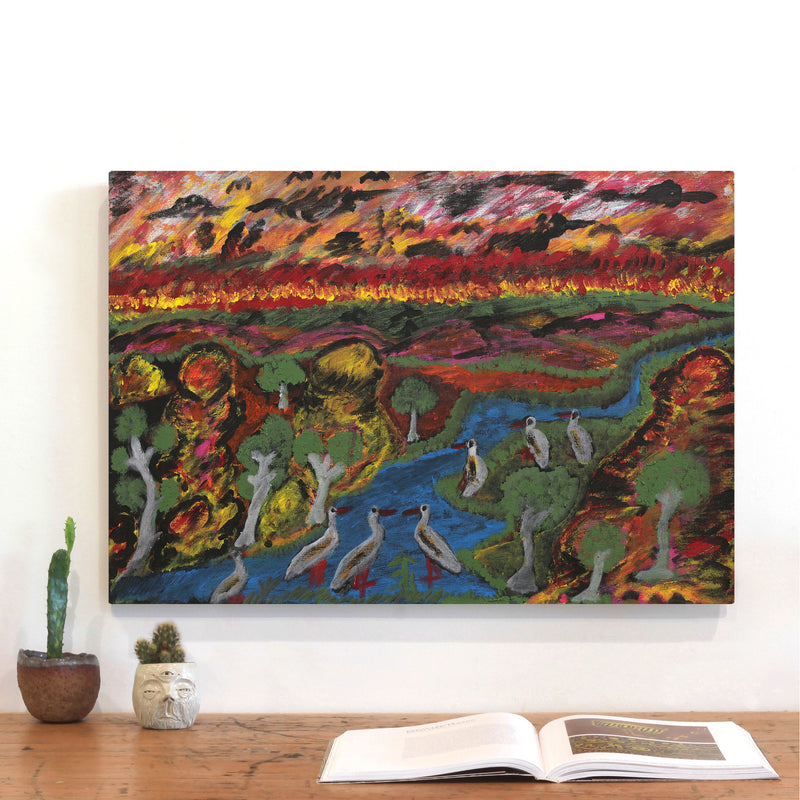 Aboriginal Artwork by Andrew Robertson, Birds Watching the Fires, 65x45cm