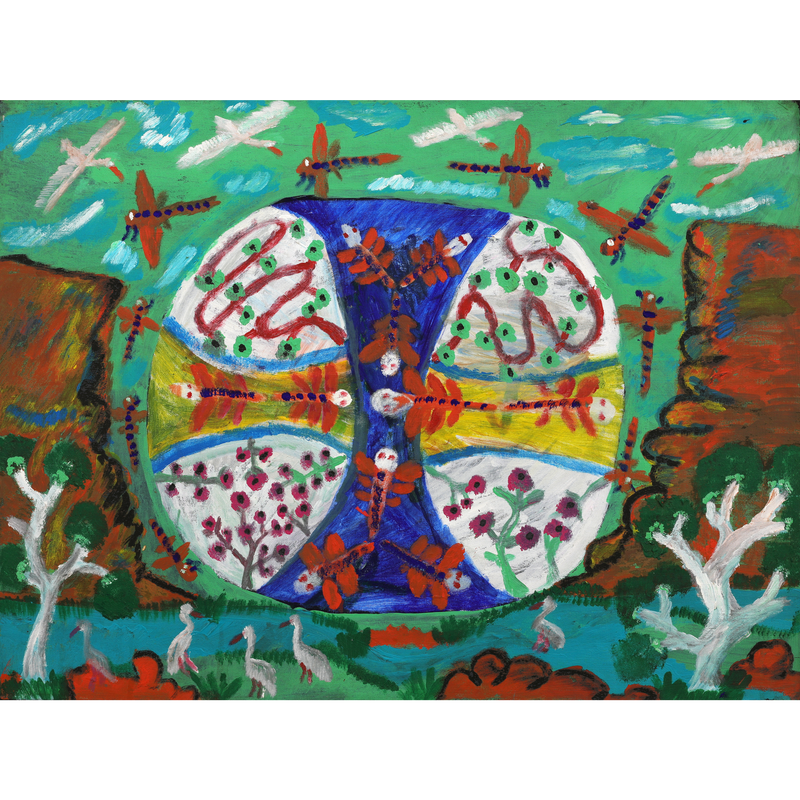 Aboriginal Artwork by Andrew Robertson, Dragonflies and Birds, 80x60cm