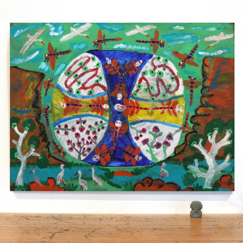 Aboriginal Artwork by Andrew Robertson, Dragonflies and Birds, 80x60cm