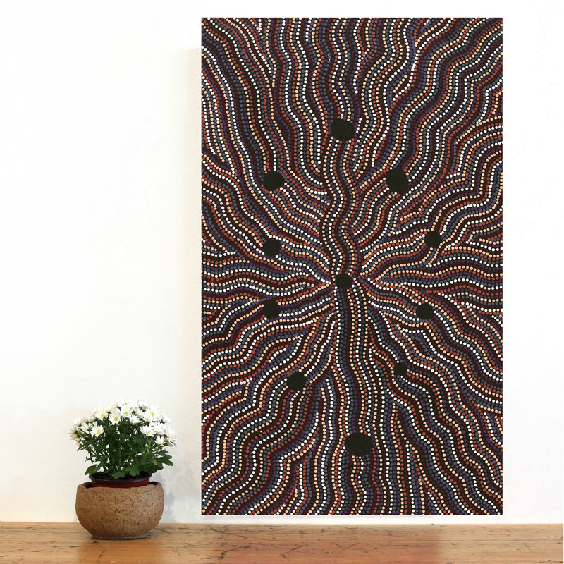 Aboriginal Artwork by Angela Nangala Robertson, Watiya-warnu Jukurrpa (Seed Dreaming), 76x46cm
