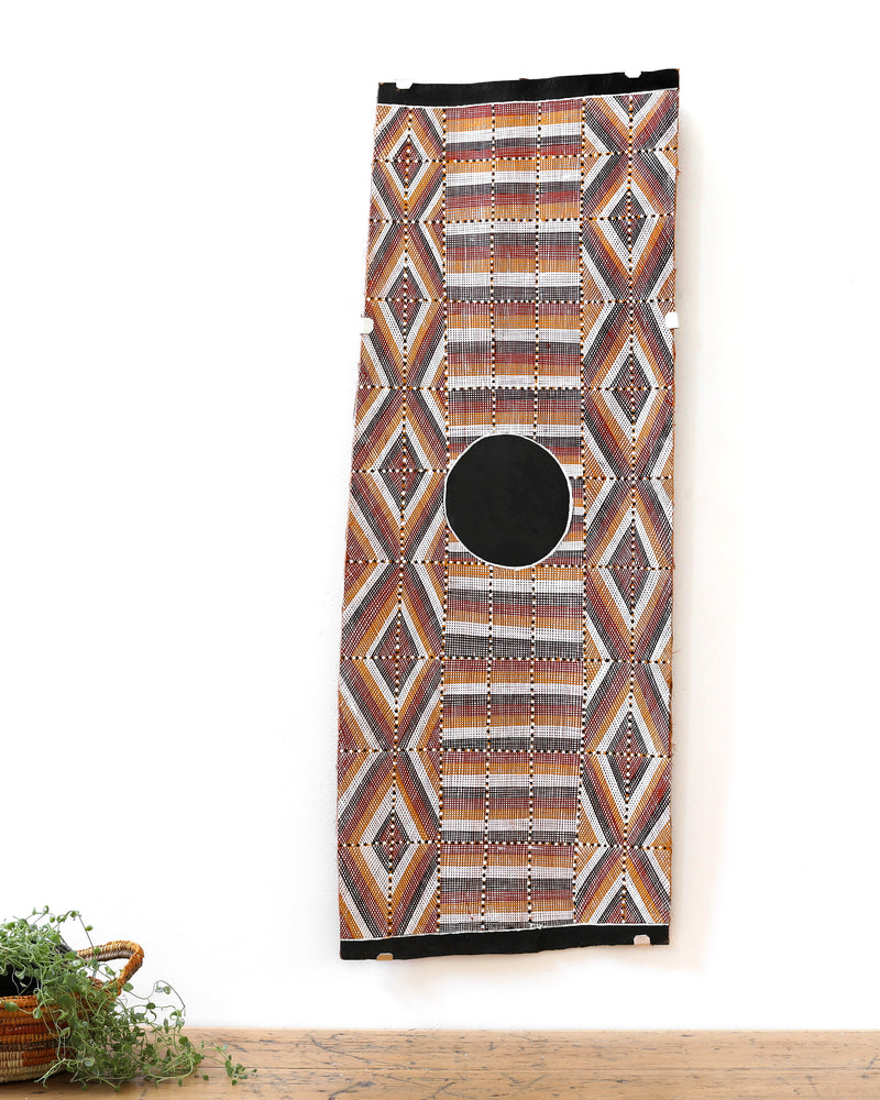 Aboriginal Artwork by Apphia Wurrkidj Aphi Lindjuwanga, Wak Wak, 110X38cm Bark Painting