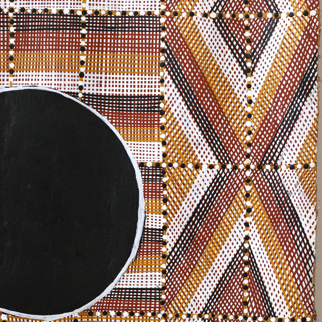 Aboriginal Artwork by Apphia Wurrkidj Aphi Lindjuwanga, Wak Wak, 110X38cm Bark Painting