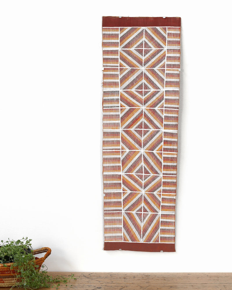 Aboriginal Artwork by Apphia Wurrkidj Aphi Lindjuwanga, Wak Wak, 104x34cm Bark Painting