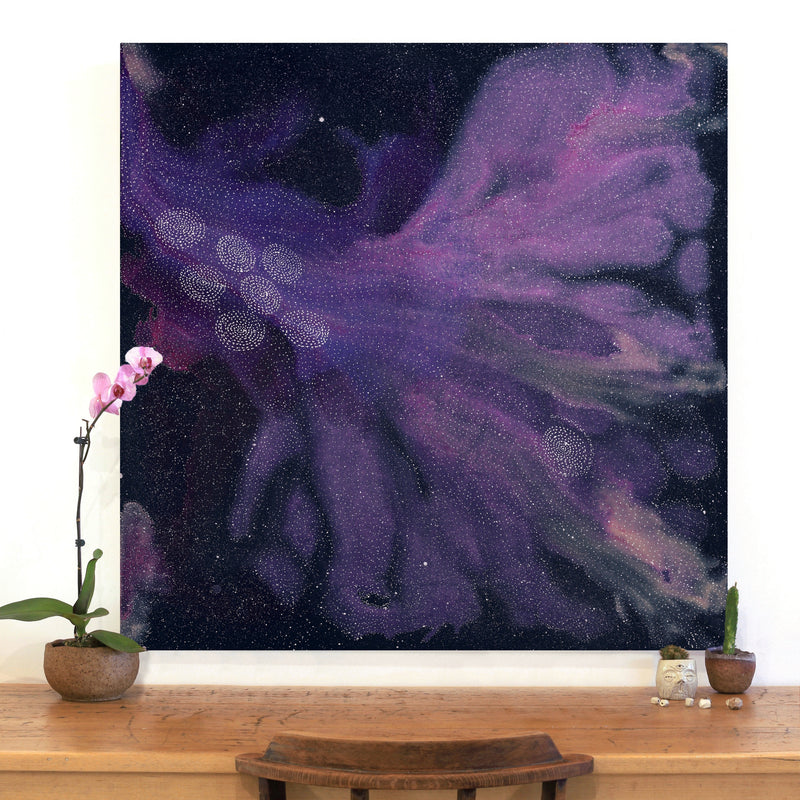 Aboriginal Artwork by Athena Nangala Granites, Napaljarri-warnu Jukurrpa (Seven Sisters Dreaming), 107x107cm