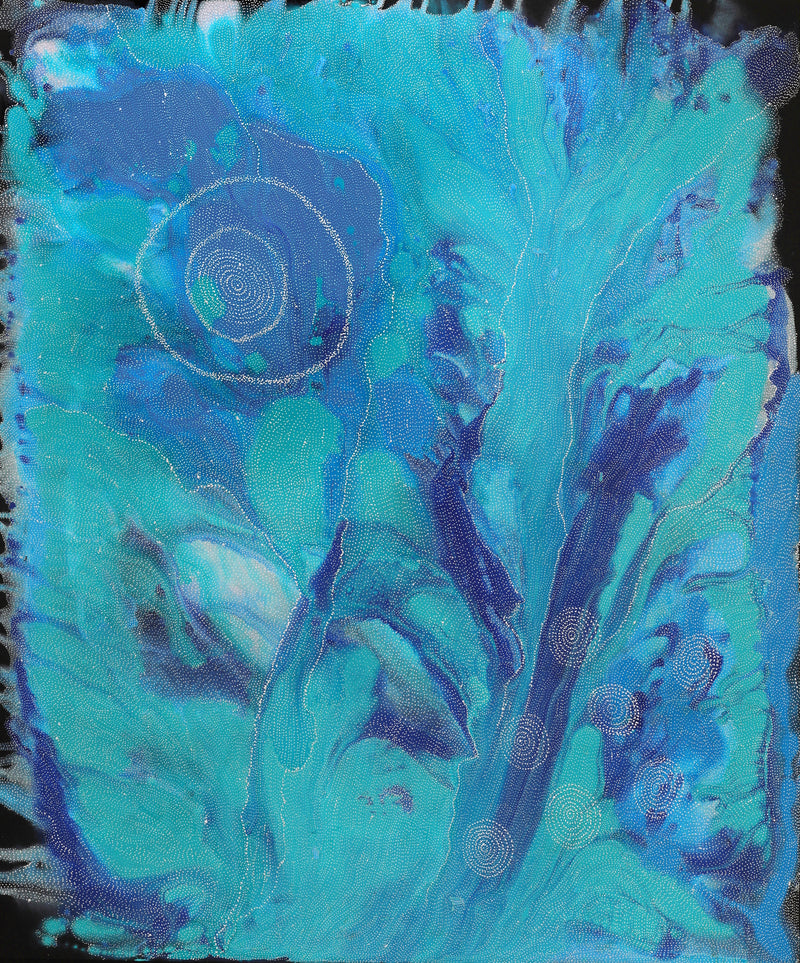 Aboriginal Artwork by Athena Nangala Granites, Napaljarri-warnu Jukurrpa (Seven Sisters Dreaming), 183x152cm