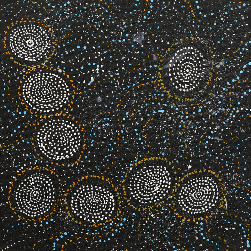 Aboriginal Artwork by Athena Nangala Granites, Napaljarri-warnu Jukurrpa (Seven Sisters Dreaming), 30x30cm