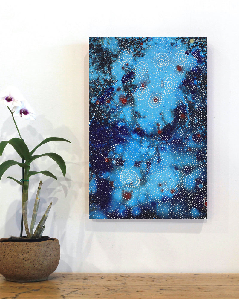 Aboriginal Artwork by Athena Nangala Granites, Napaljarri-warnu Jukurrpa (Seven Sisters Dreaming), 46x30cm