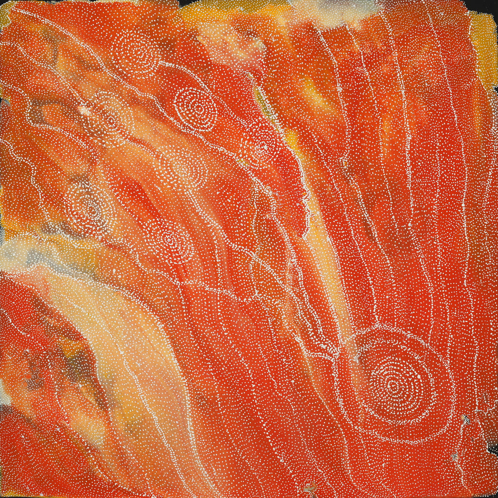 Aboriginal Artwork by Athena Nangala Granites, Napaljarri-warnu Jukurrpa (Seven Sisters Dreaming), 91x91cm