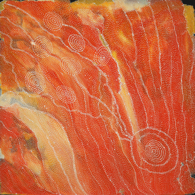 Aboriginal Artwork by Athena Nangala Granites, Napaljarri-warnu Jukurrpa (Seven Sisters Dreaming), 91x91cm