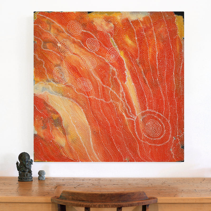 Aboriginal Artwork by Athena Nangala Granites, Napaljarri-warnu Jukurrpa (Seven Sisters Dreaming), 91x91cm