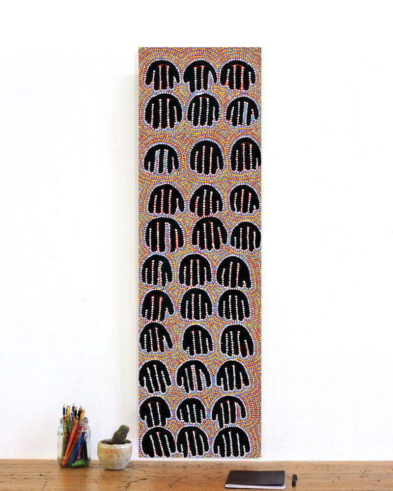 Aboriginal Artwork by Azaria Nampijinpa Robertson, Majardi Jukurrpa (Hairstring Belt/Skirt Dreaming) - Mina Mina, 107x30cm