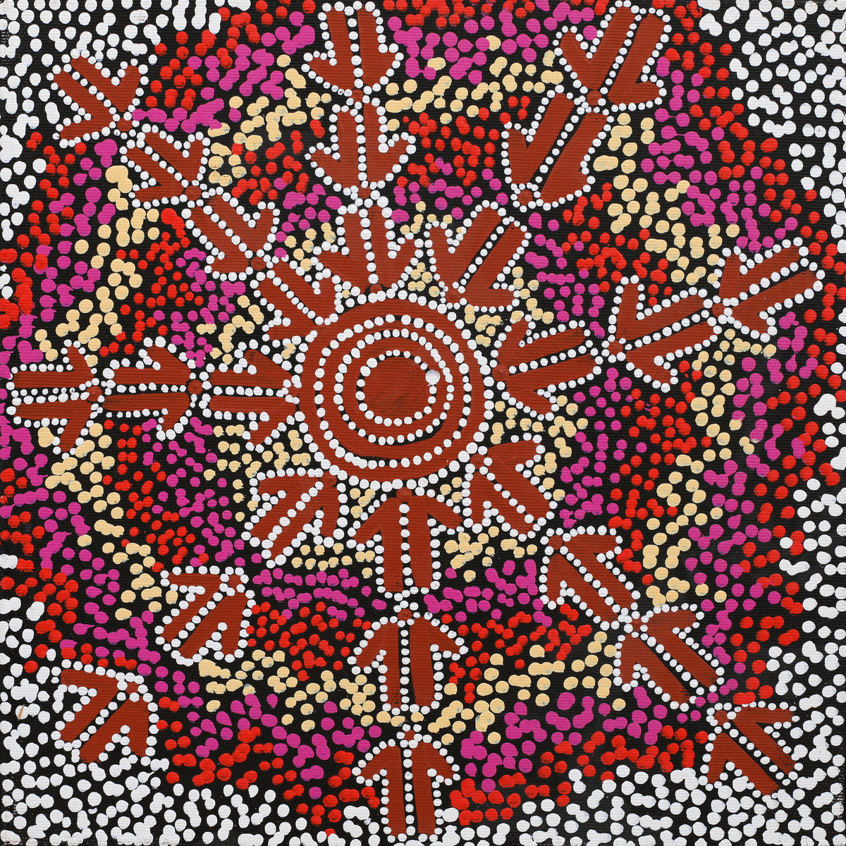 Aboriginal Artwork by Azaria Nampijinpa Robertson, Marlu Jukurrpa (Red Kangaroo Dreaming) Yarnardilyi & Jurnti, 30x30cm