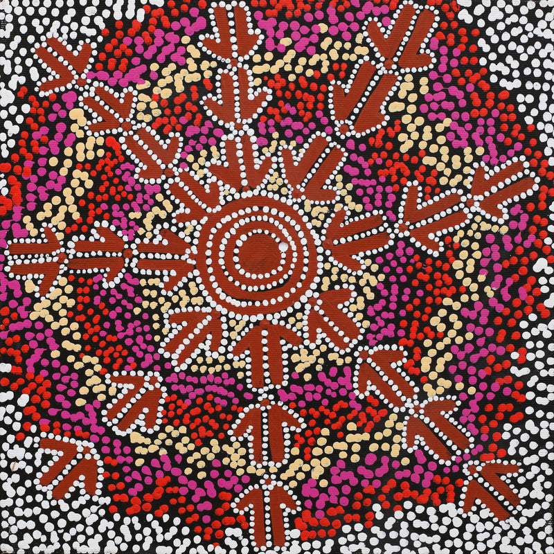 Aboriginal Artwork by Azaria Nampijinpa Robertson, Marlu Jukurrpa (Red Kangaroo Dreaming) Yarnardilyi & Jurnti, 30x30cm