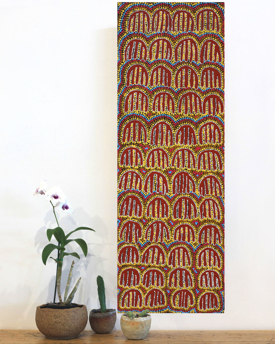 Aboriginal Artwork by Azaria Nampijinpa Robertson, Majardi Jukurrpa (Hairstring Belt/Skirt Dreaming) - Mina Mina, 91x30cm