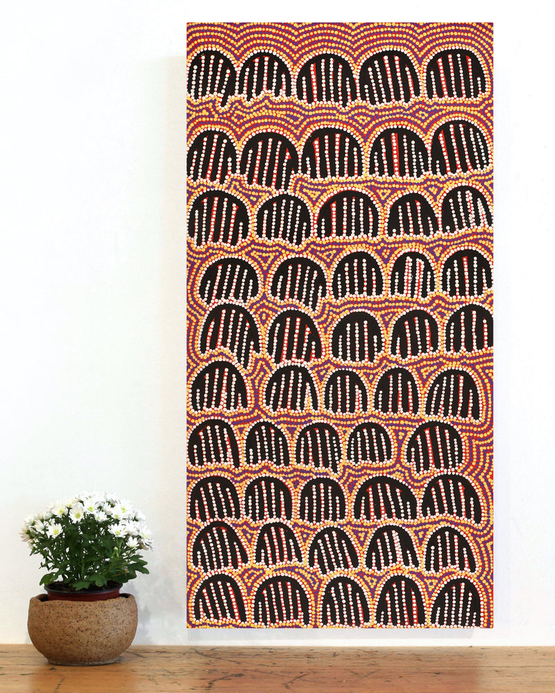 Aboriginal Artwork by Azaria Nampijinpa Robertson, Majardi Jukurrpa (Hairstring Belt/Skirt Dreaming) - Mina Mina, 91x46cm
