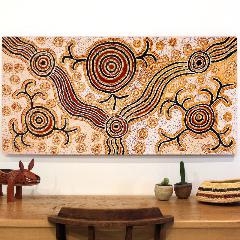 Aboriginal Artwork by Barbara Baker Milpati, Ngapari Tjukurpa, 122x61cm