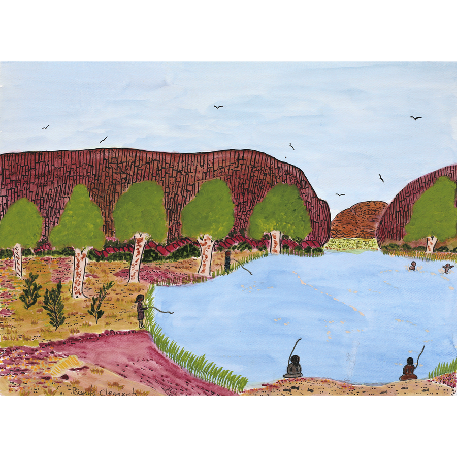 Aboriginal Artwork by Benita Clements, Family fishing at Ellery Bighole, 39.5x28cm