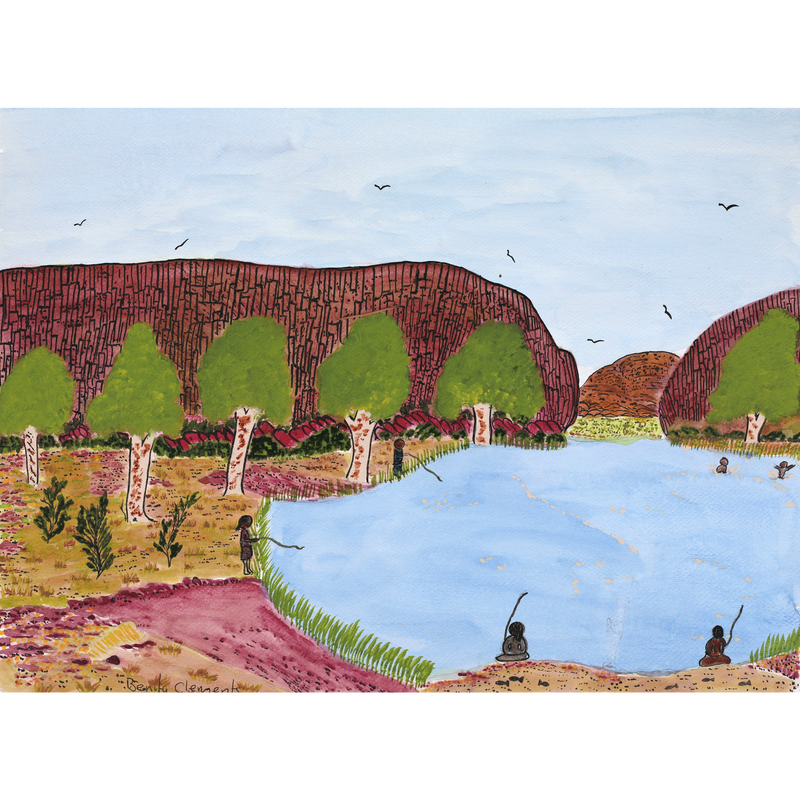 Aboriginal Artwork by Benita Clements, Family fishing at Ellery Bighole, 39.5x28cm