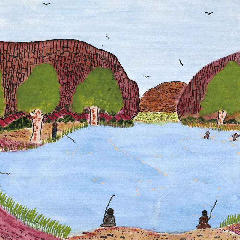 Aboriginal Artwork by Benita Clements, Family fishing at Ellery Bighole, 39.5x28cm