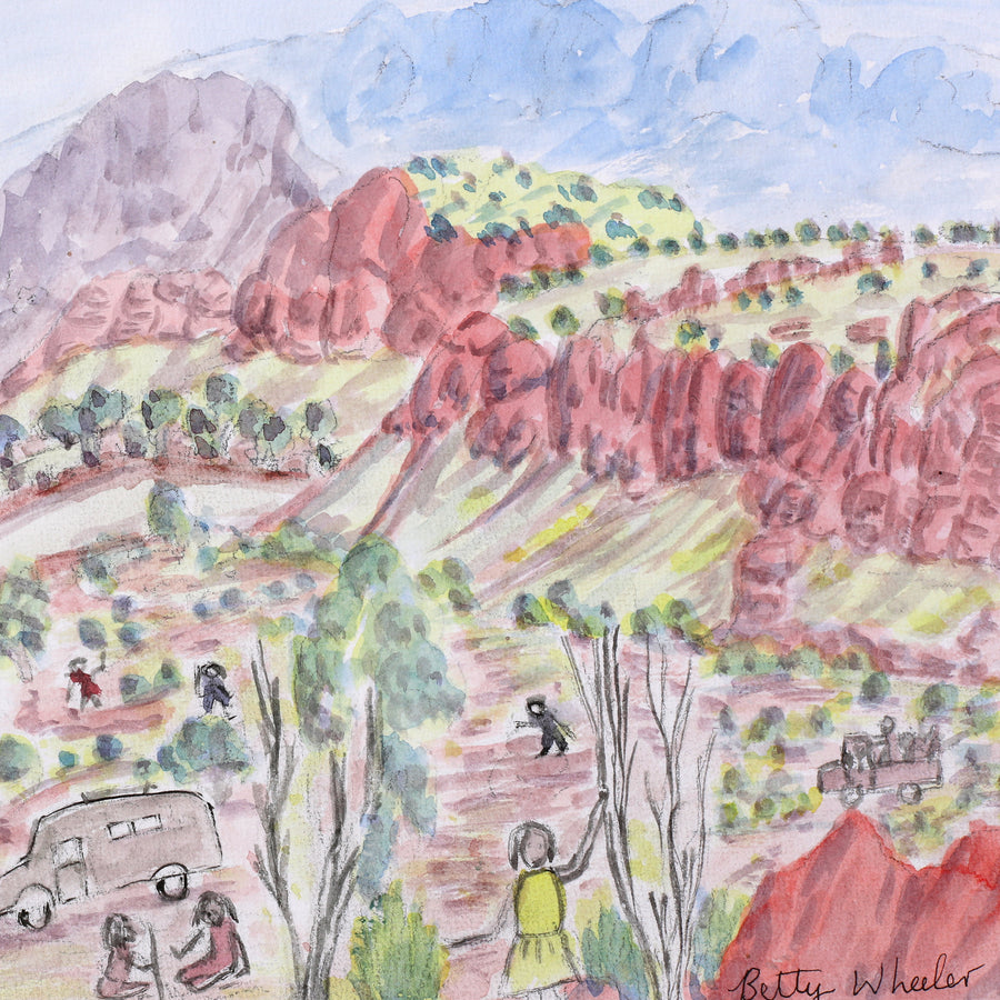 Aboriginal Artwork by Betty Naparula Namatjira Wheeler, Family Picnic Day, 37.5x24.5cm