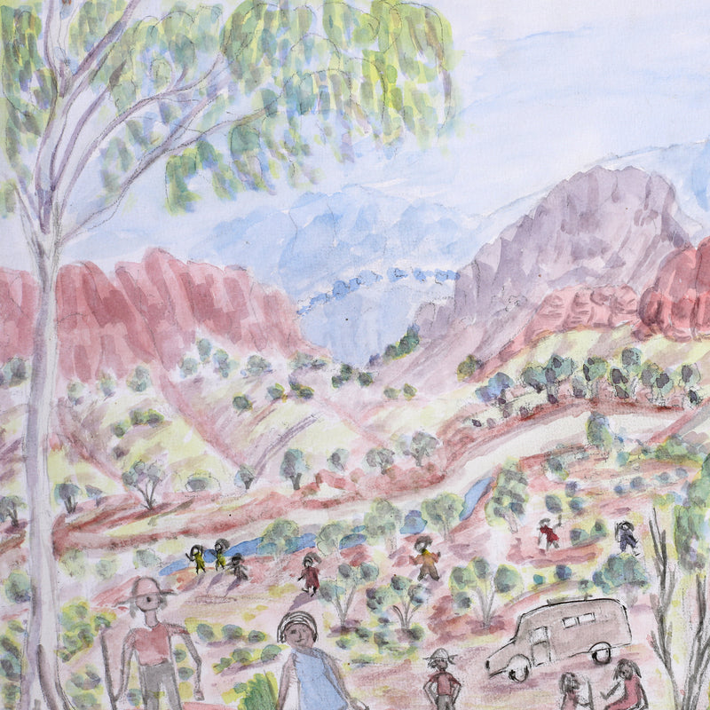 Aboriginal Artwork by Betty Naparula Namatjira Wheeler, Family Picnic Day, 37.5x24.5cm