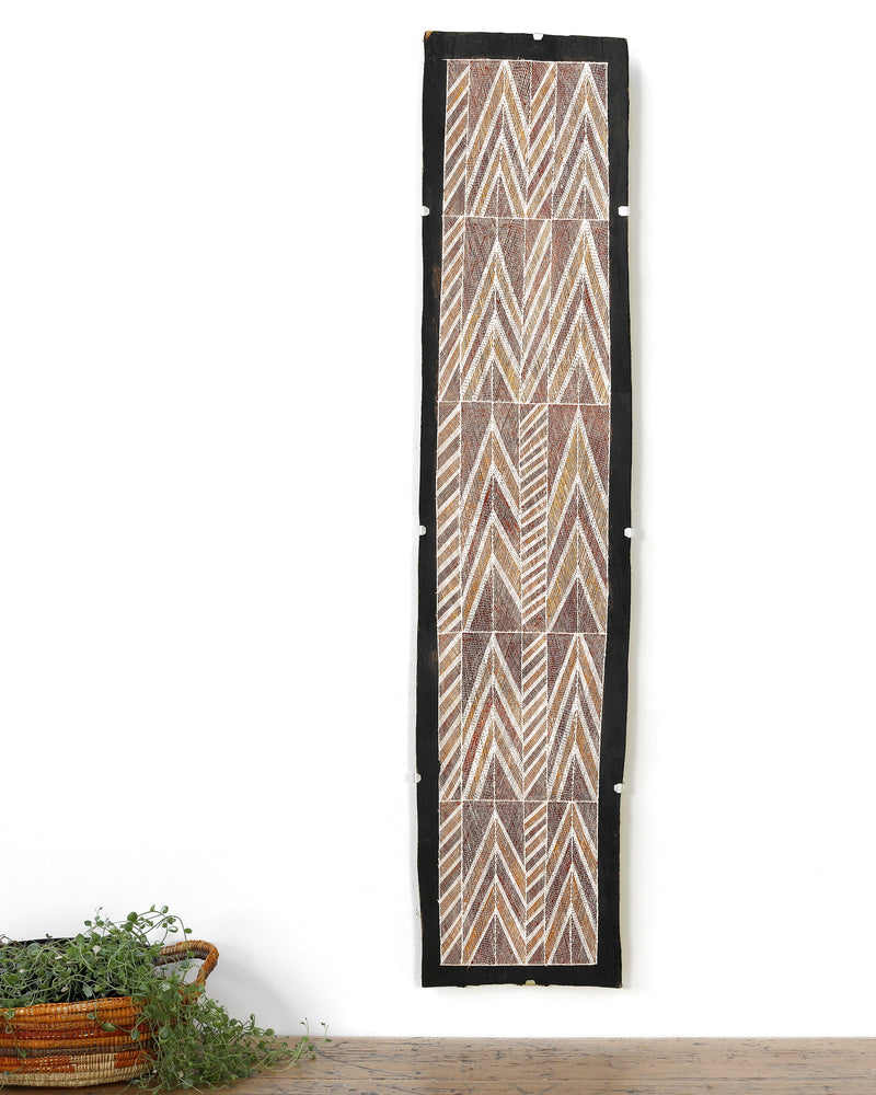Aboriginal Artwork by Cameron Kawurlkku, Djomi, 117x25cm Bark Painting