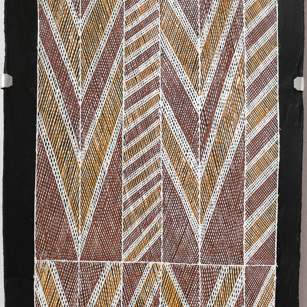 Aboriginal Artwork by Cameron Kawurlkku, Djomi, 117x25cm Bark Painting